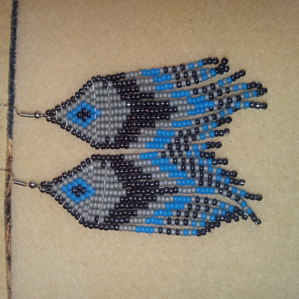 Beaded Fringe Earrings in Black, Blue, and Gray